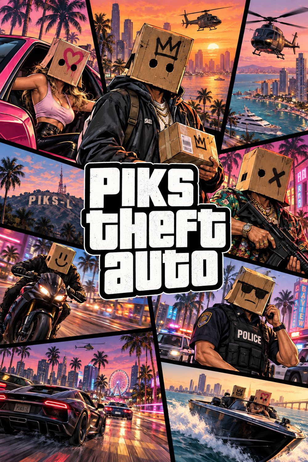 Le recto de la jaquette : neuf vignettes de Pikstown autour du lettrage PIKS THEFT AUTO.