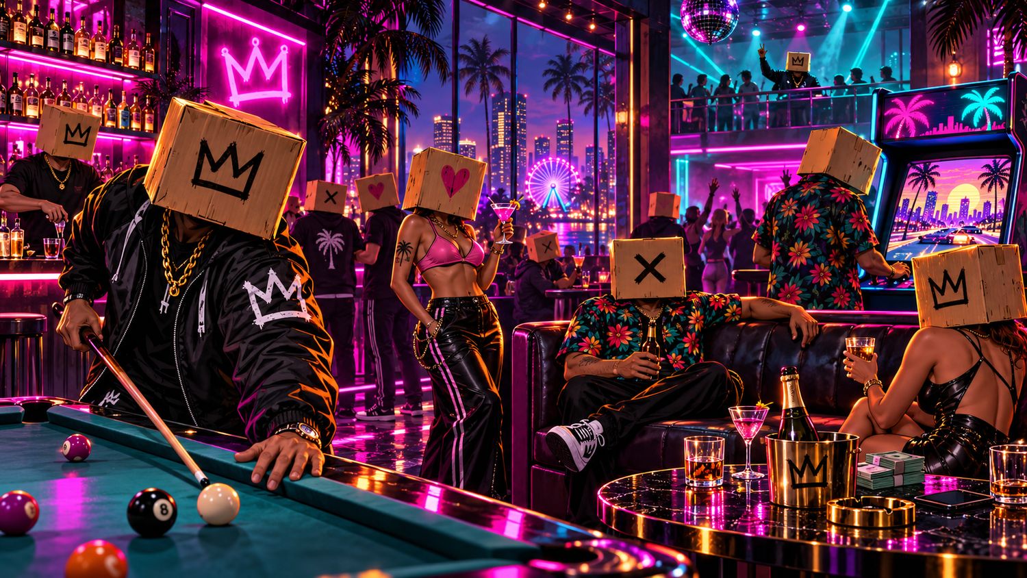 Salle de billard et néons dans un club de Pikstown.