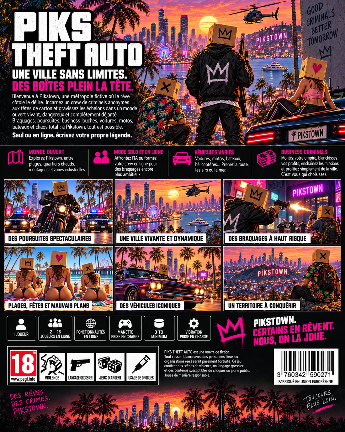 Le verso de la jaquette : le pitch du jeu, six vignettes, les logos PEGI 18 et le code-barres.