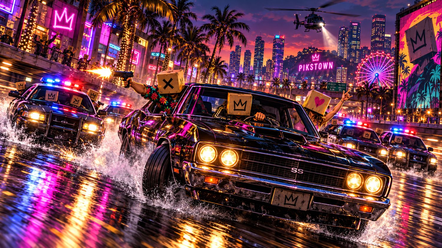 Poursuite en muscle car sous la pluie, gyrophares dans les flaques.